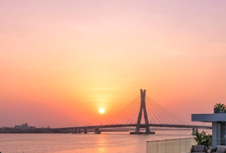 Pink sunset over the Lekki-Ikoyi Link Bridge from Terraform Hotel Lekki