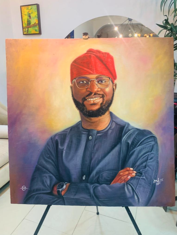 Custom oil portrait commission of a man in a red gele