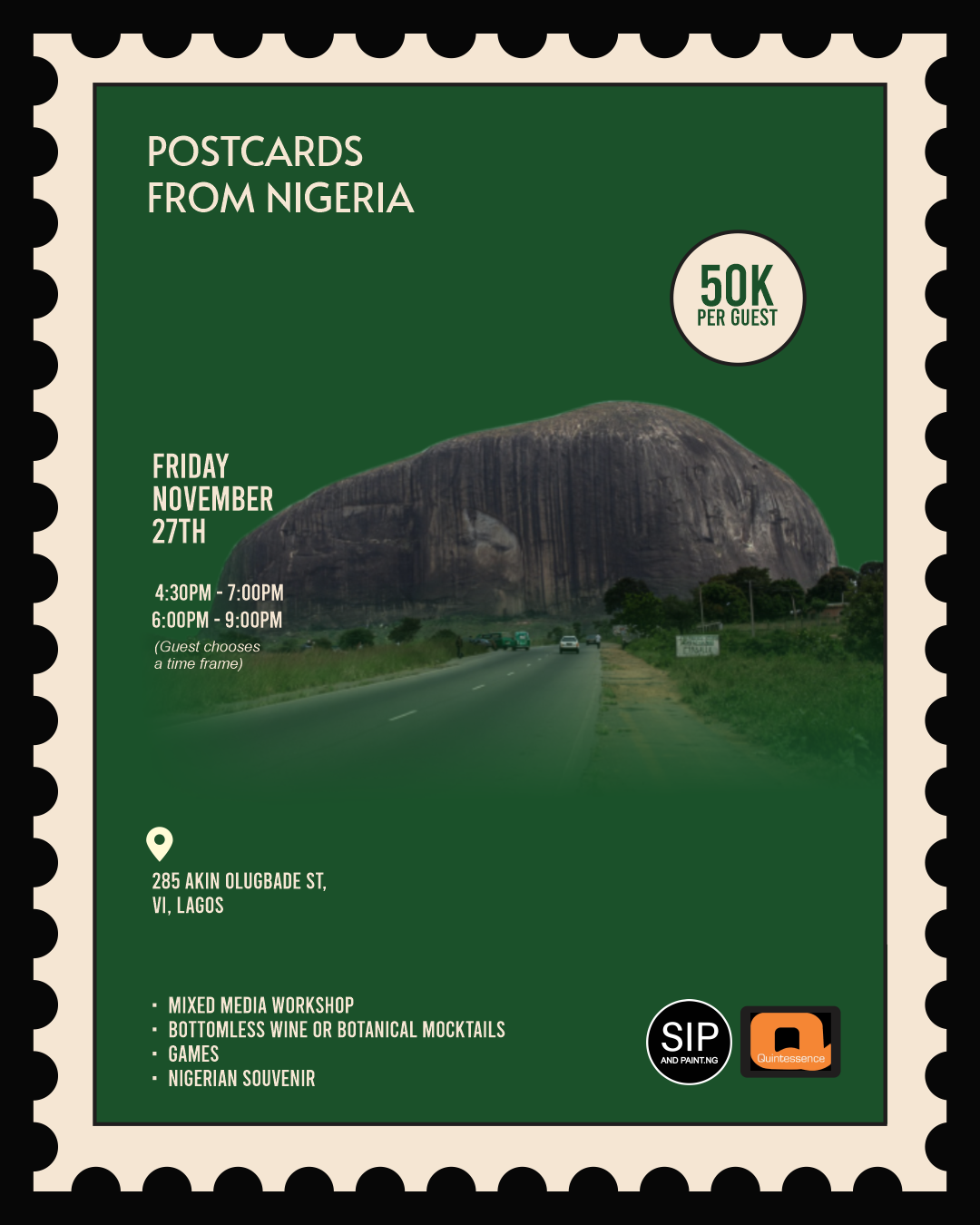 Postcards from Nigeria flyer — Friday, 27 November, Strata & Stone: The Zuma Rock Workshop