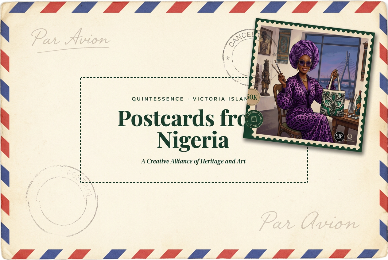 Postcards from Nigeria — a vintage airmail letter featuring the illustrated Quintessence stamp
