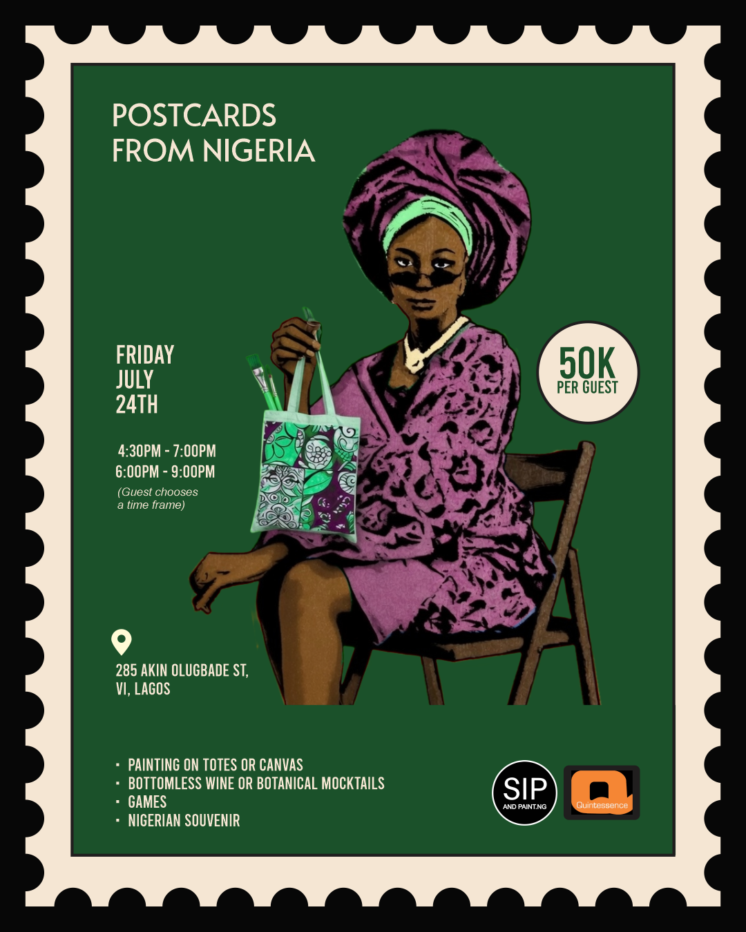 Postcards from Nigeria flyer — Friday, 24 July, Totes & Tradition: Painting the Lagos Aesthetic