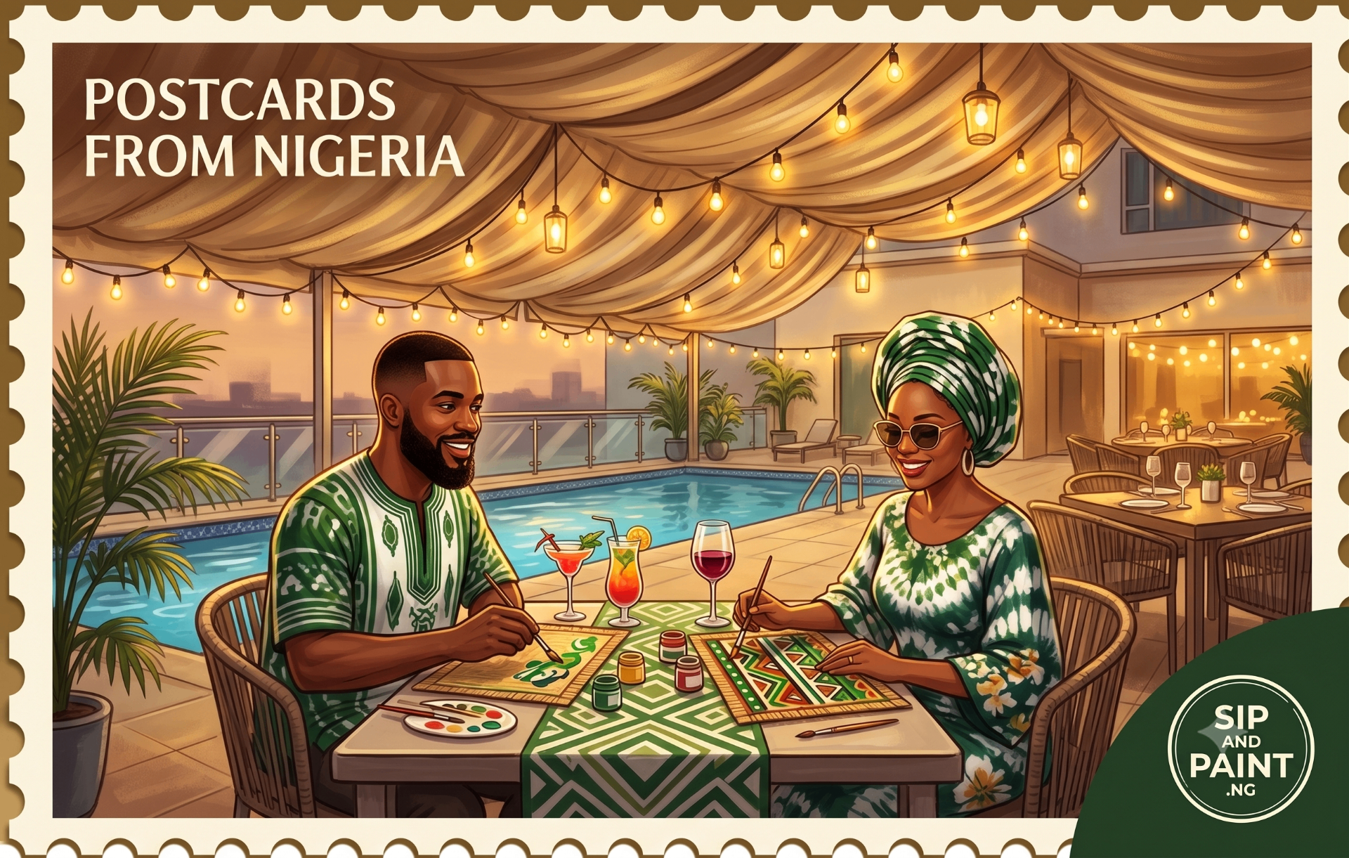 Postcards from Nigeria illustrated flyer — a couple painting raffia mats poolside at Iyeru Okin, Radisson Blu Hotel Ikeja, with the Sip and Paint .NG logo