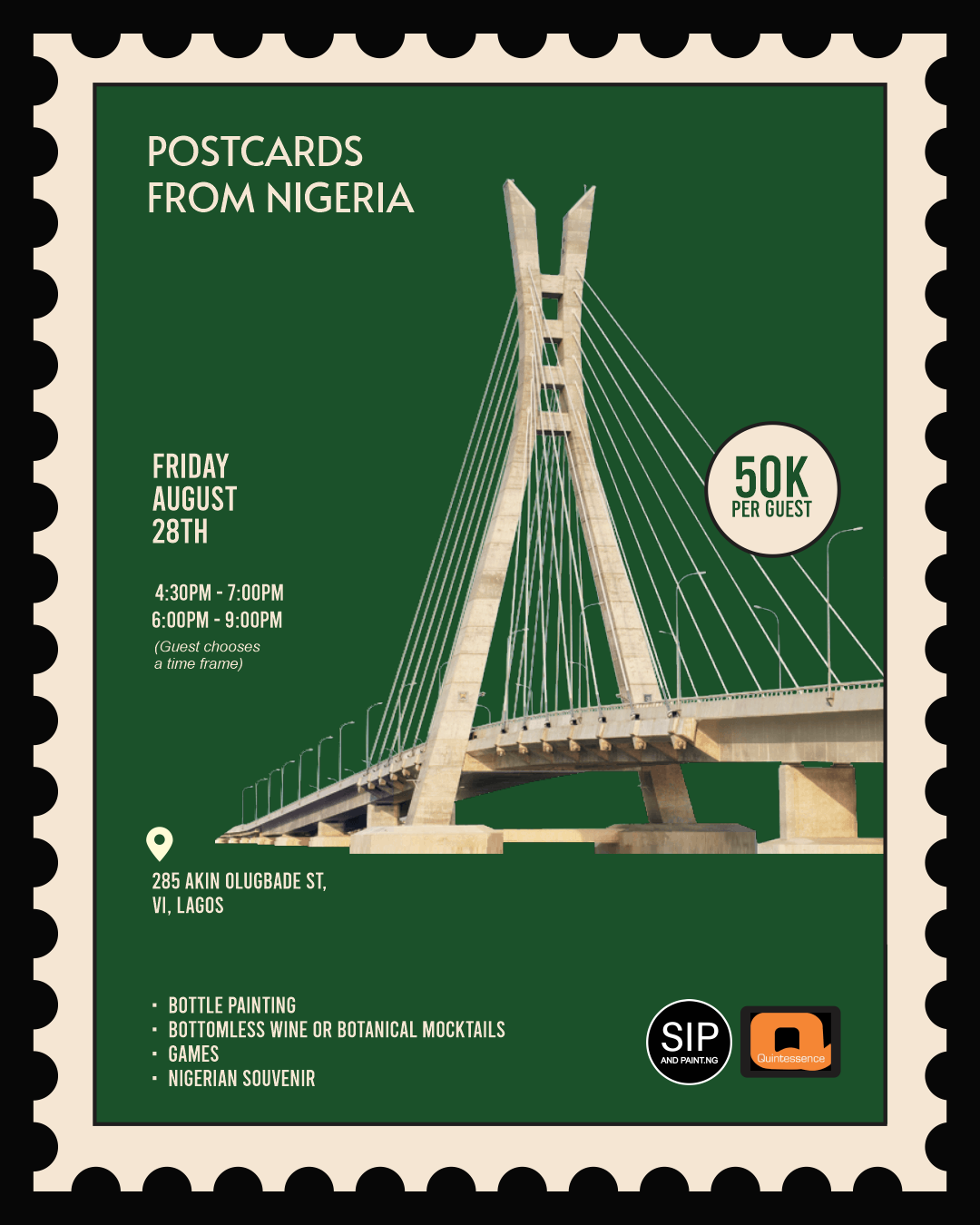 Postcards from Nigeria flyer — Friday, 28 August, Bottle Painting & Architectural Icons