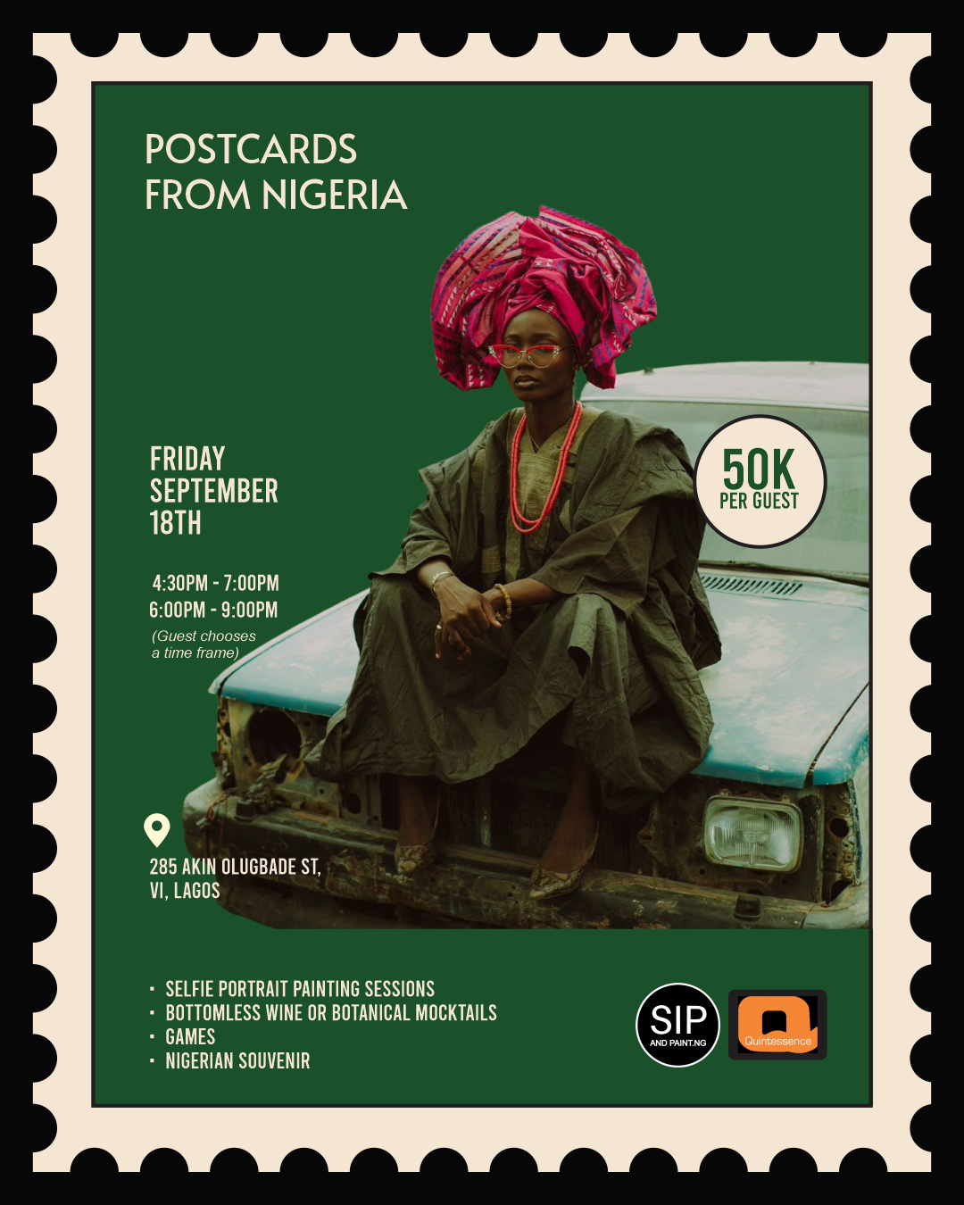 Postcards from Nigeria flyer — Friday, 18 September, Gele, Agbada & Acrylics: The Self-Portrait Session