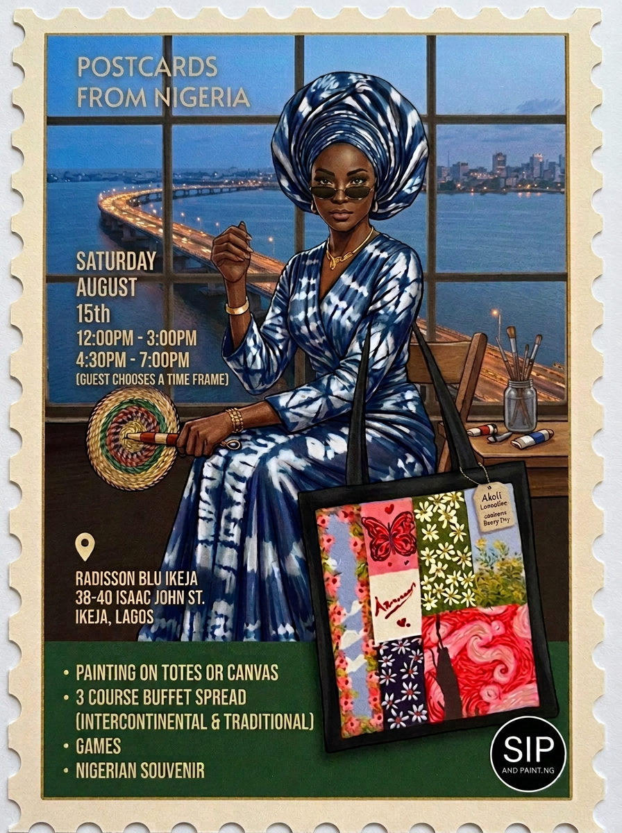 Postcards from Nigeria Mainland Edition postage stamp — Saturday 15 August 2026 at Iyeru Okin, Radisson Blu Hotel, Ikeja. Two time slots: 12:00pm–3:00pm or 4:30pm–7:00pm.